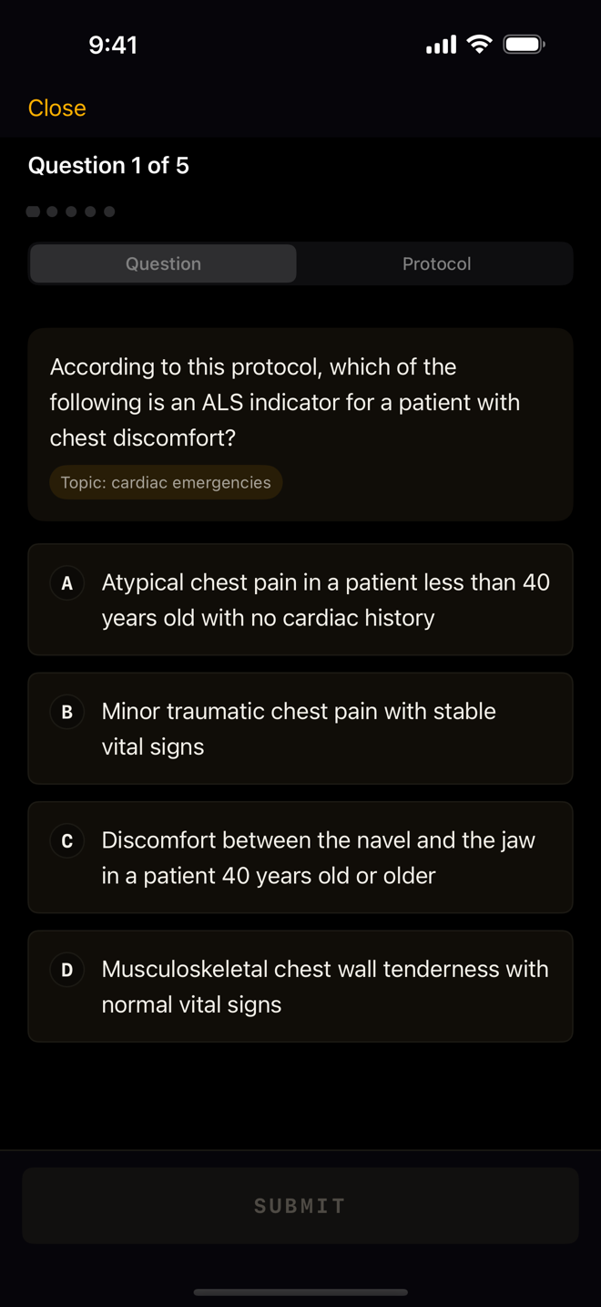 An algorithm quiz question asking which of the following is an ALS indicator for a patient with chest discomfort, tagged with the topic cardiac emergencies, with four answer options and a Protocol tab beside the Question tab
